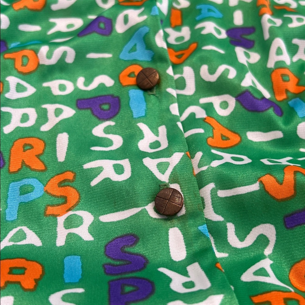 Vintage Green, Purple, Orange, Blue Vibrant PARIS letter patterned Shirt Dress - Picture 5 of 11